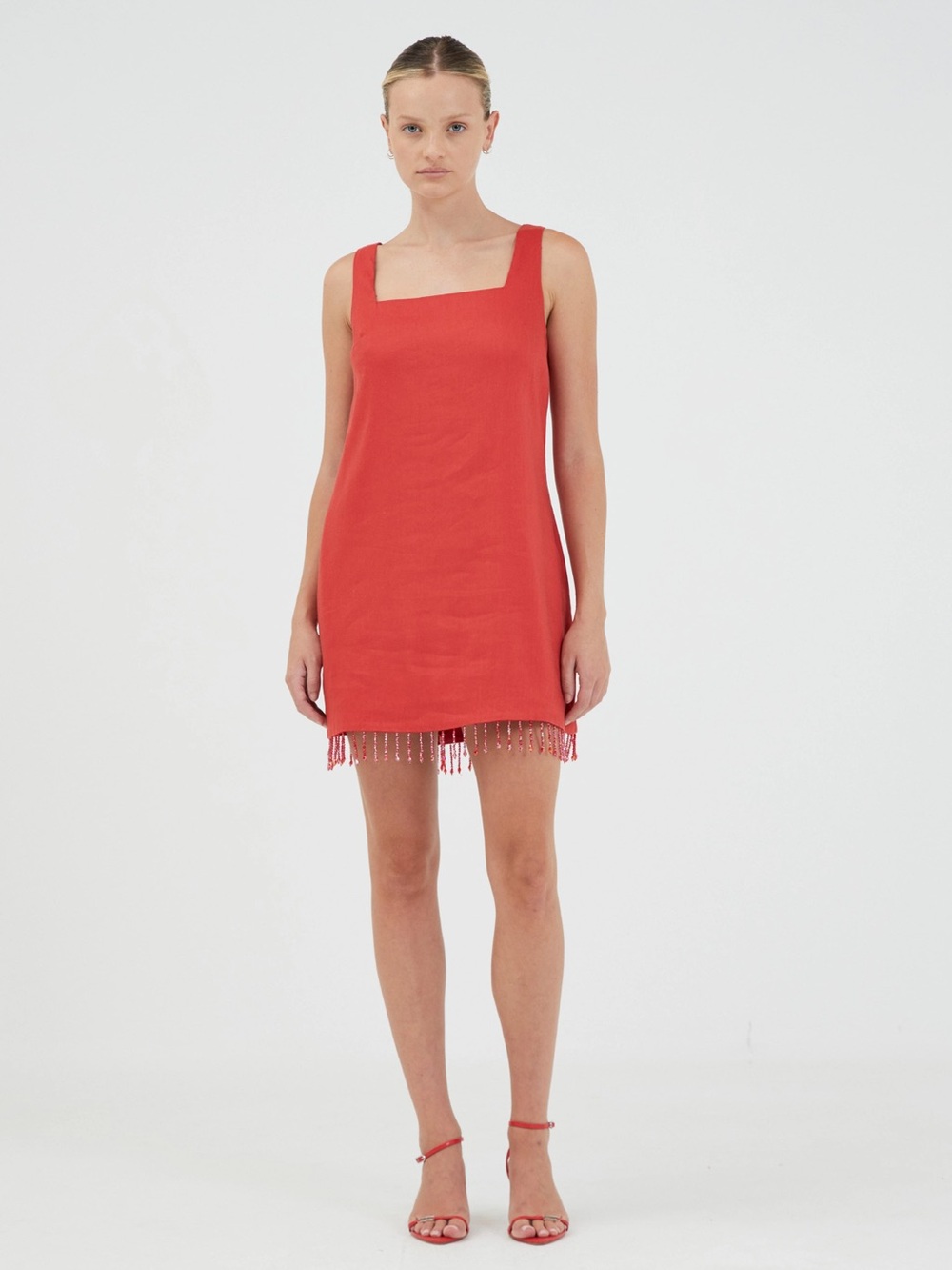 Third Form Square-Neck Red Mini Dress with Fringe Hem